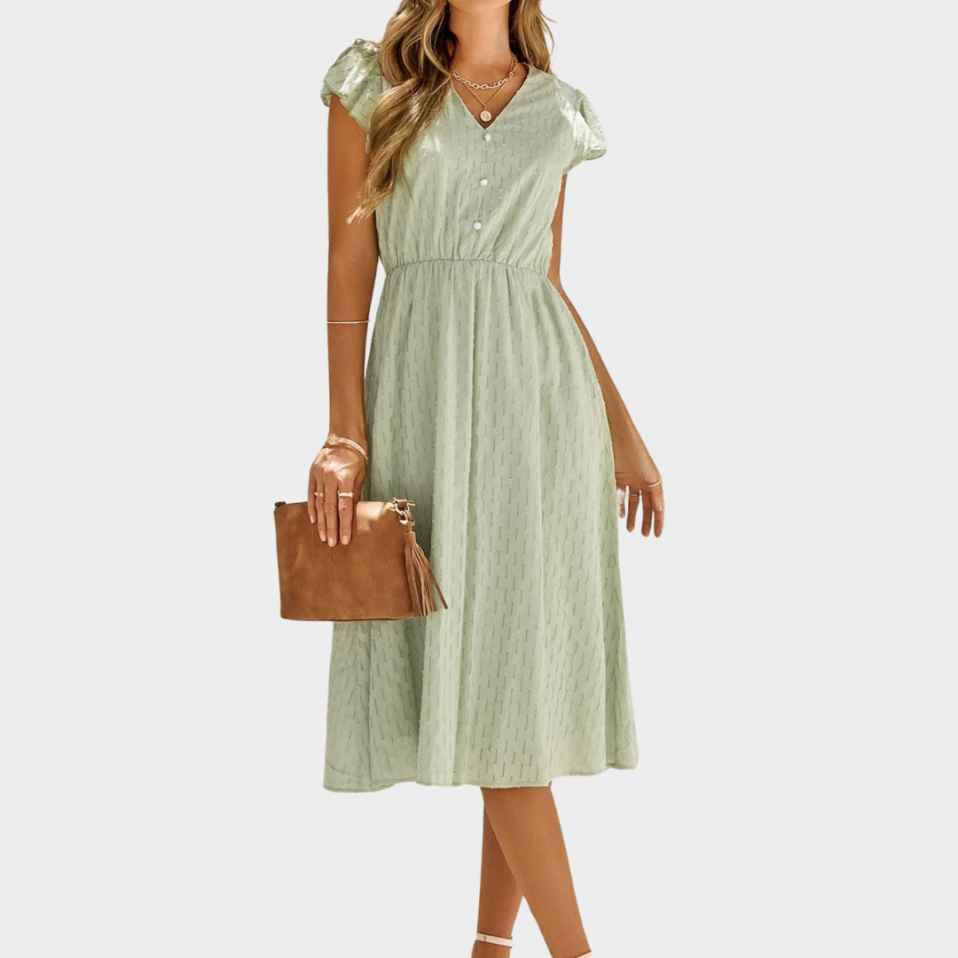 Women’s V-Neck Buttoned Midi Dress – Elegant Flutter Short Sleeve Fit with Solid Colour Design – Soft Lightweight Fabric – Multiple Colours