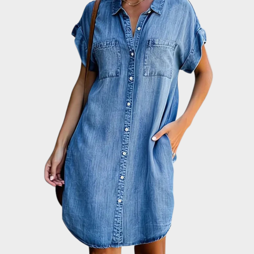 Women's Denim Shirt Dress – Casual Loose Fit – Button-Up – Pockets – Multiple Colours