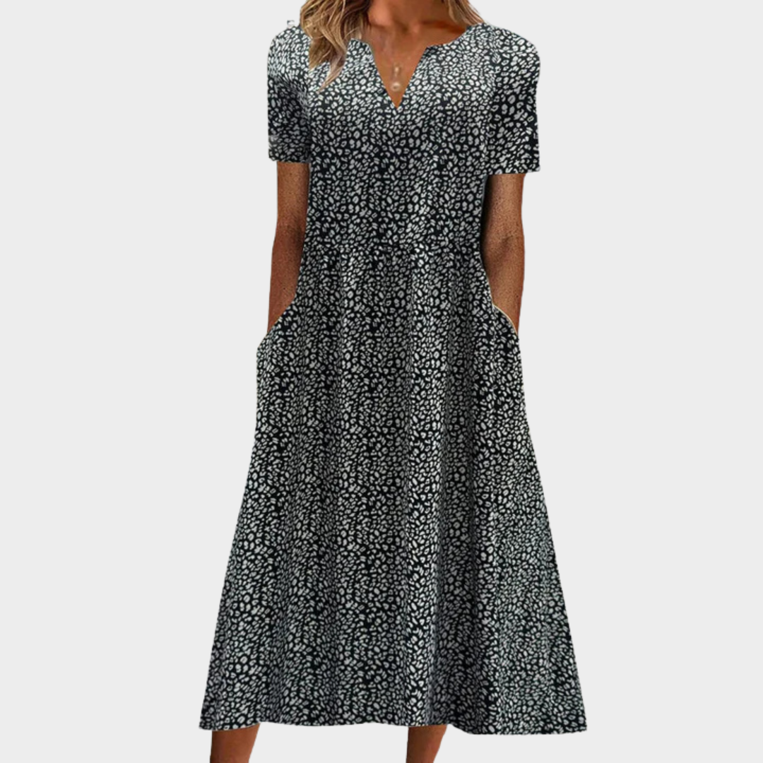 Women's V-Neck Vintage Dress – Short Sleeve Mid-Calf Printed Design with Pockets – Cotton-Polyester Blend – Black