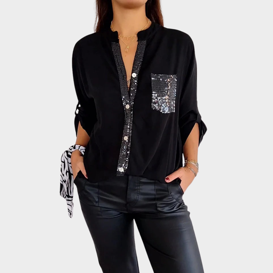 Women’s Button Blouse – Sequined Pocket Detail and Lantern Sleeves – Relaxed Workwear Fit – Lightweight Polyester – Multiple Colours