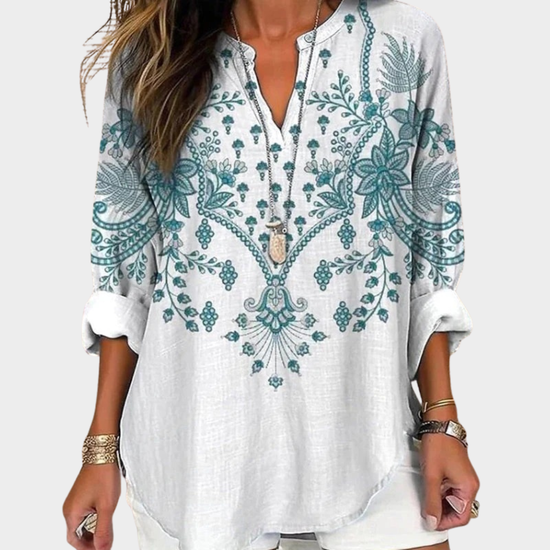 Women's Long Sleeve Vintage Floral Print Blouse – V-Neck Cotton Polyester Blend Shirt – White