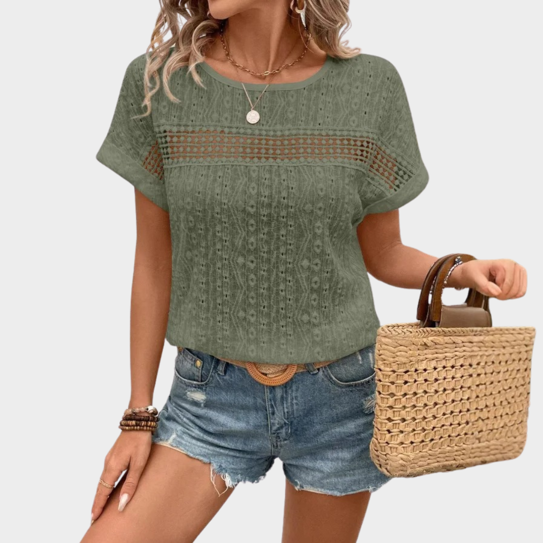 Women’s Short Sleeve Blouse – O-Neck Loose Fit Top with Hollow-Out Detail – Elegant Lightweight Design – Soft Fabric – Multiple Colours