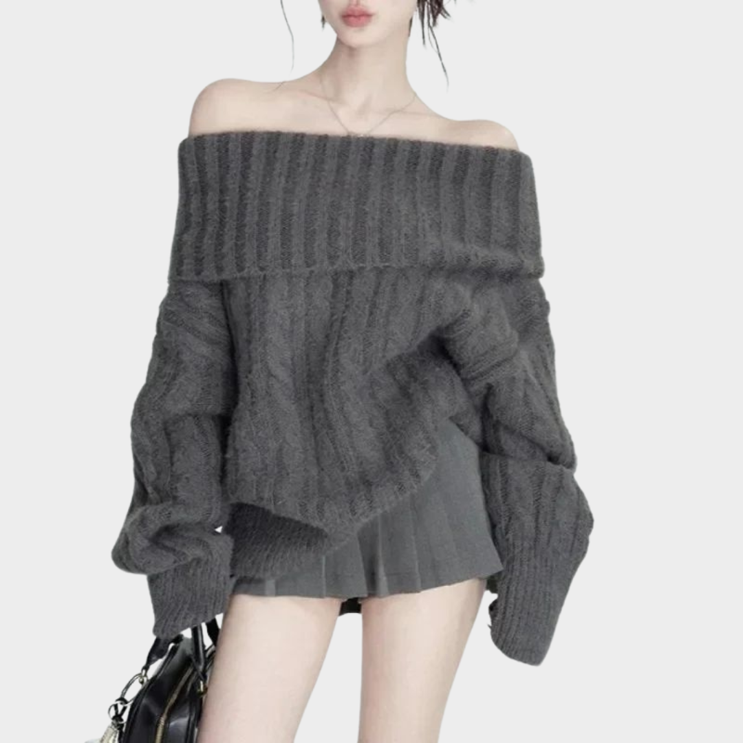 Women’s Knitted Sweater – Square Neck – Long Sleeves – Slim Fit – Soft & Stylish – Grey