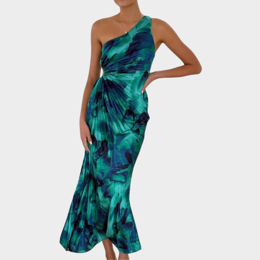 Women’s One-Shoulder Pleated Dress – Elegant Asymmetrical Printed Maxi Dress – Flowing Fit – Green