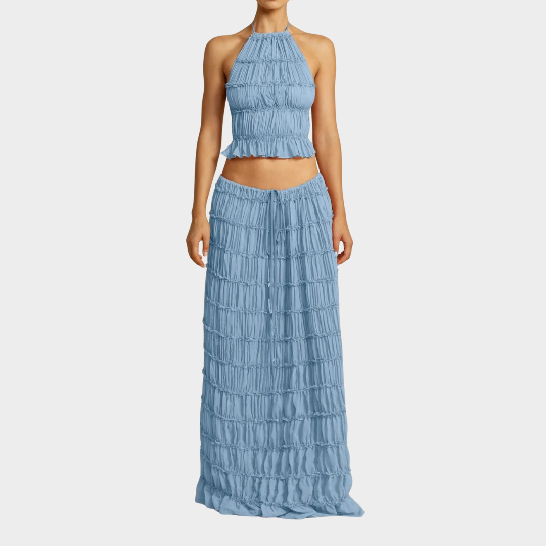 Women Two Piece Dress Set – Backless Ruffle Trim Halter Neck Vest with Long Skirt – Multiple Colours