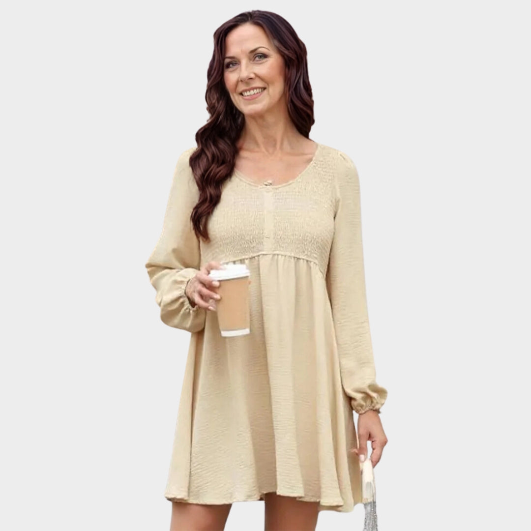 Women's Smocked A-Line Mini Dress - Crewneck - Button Up - Long Sleeve - Casual & Comfortable - Beige