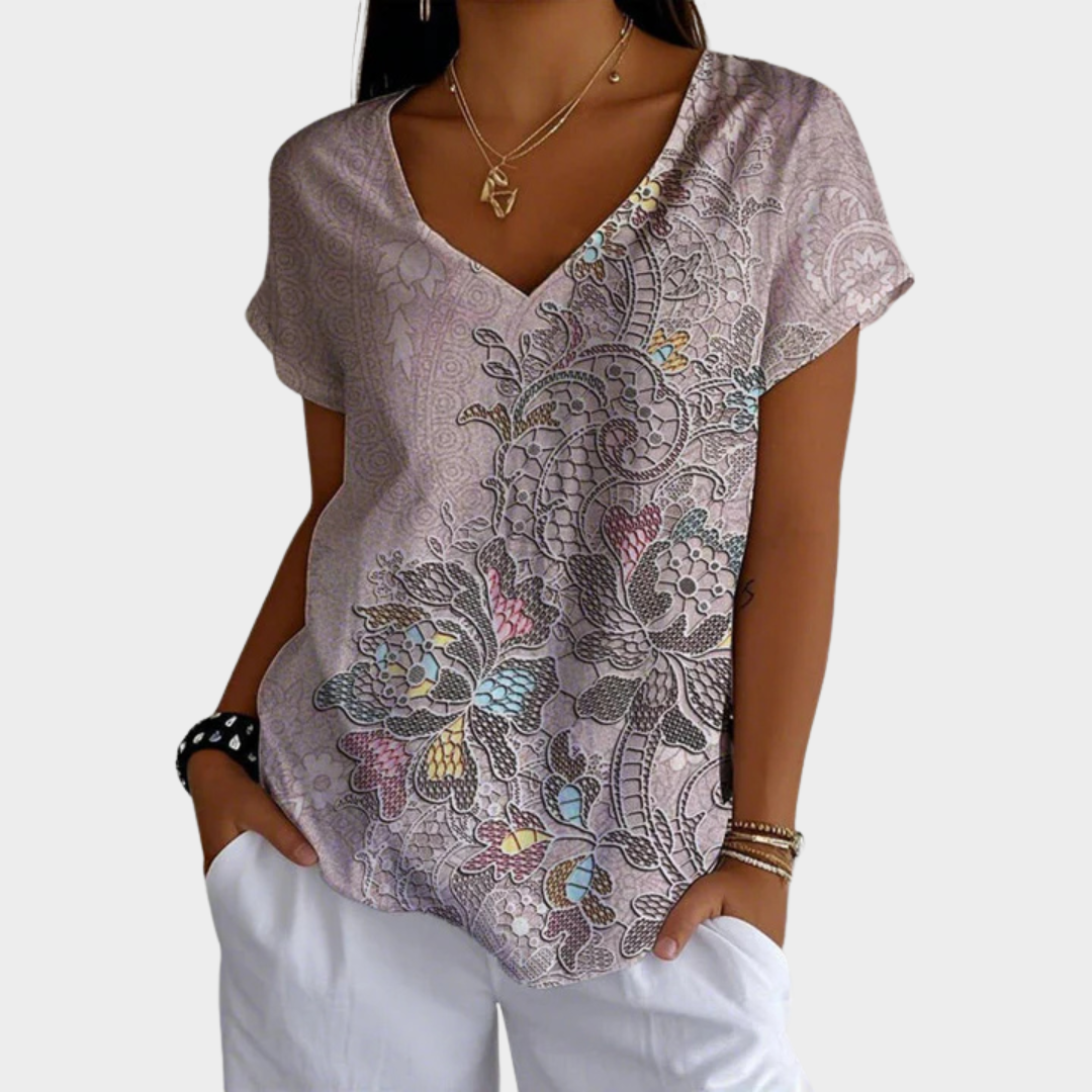 Women’s T-Shirt – Short Sleeve V-Neck Floral Print Tee – Relaxed Fit – Cotton-Polyester Blend – Lightweight and Soft – Purple