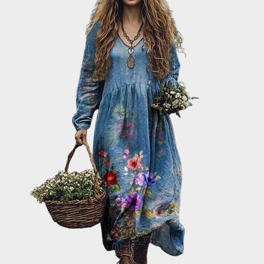 Women’s V-Neck A-Line Dress – Long Sleeve Pullover with Ethnic Vintage Print – Loose Fit Party Style – Soft Lightweight Fabric – Multiple Colours