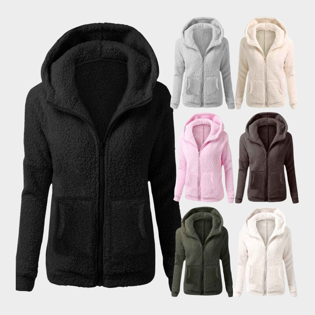 Women’s Hooded Plush Zip-Up Coat – Soft Loose Sweatshirt, Solid Color, Warm Top for Autumn & Winter, Pink, Beige, Black