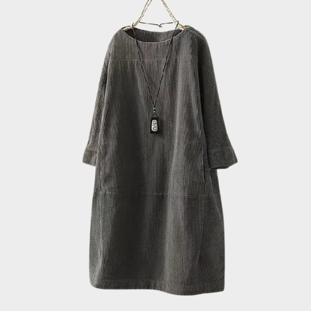 Women Retro Corduroy Dress – Loose Fit Long Sleeve with Round Neck – Solid Colour Vintage Style Comfortable Elegance – Multiple Colours