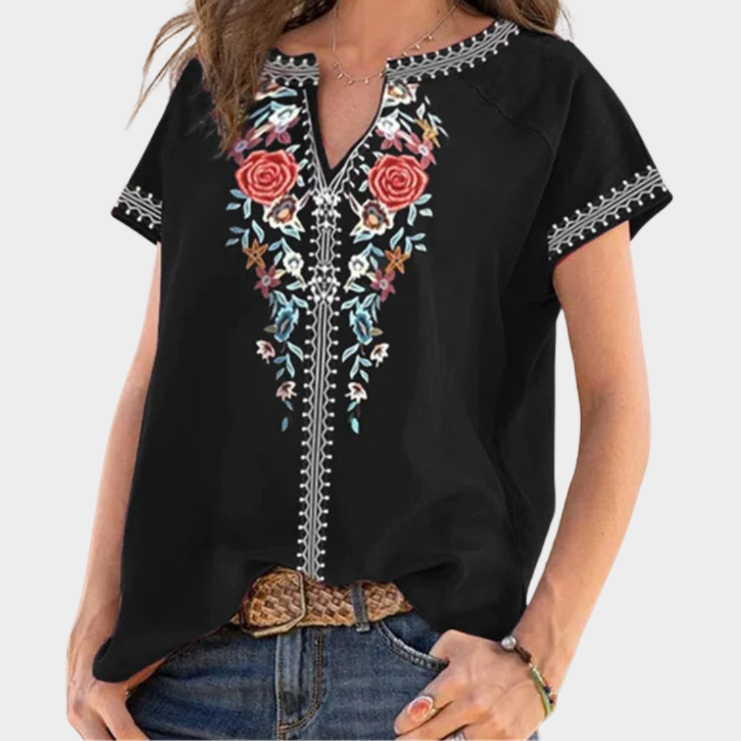 Women’s Printed Loose Fit Top – Ethnic Style V-Neck Short Sleeve Blouse – Boho Harajuku Oversized Design – Lightweight Fabric – Multiple Colours