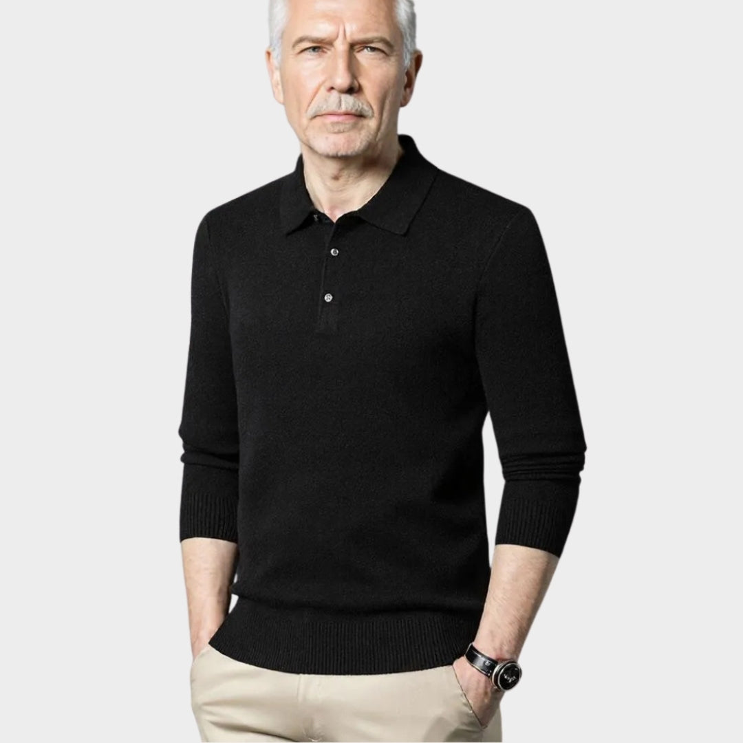 Men's Knitted Polo Shirt - Warm Long Sleeve Casual Sweater for Autumn & Winter (Black, Khaki, and More)