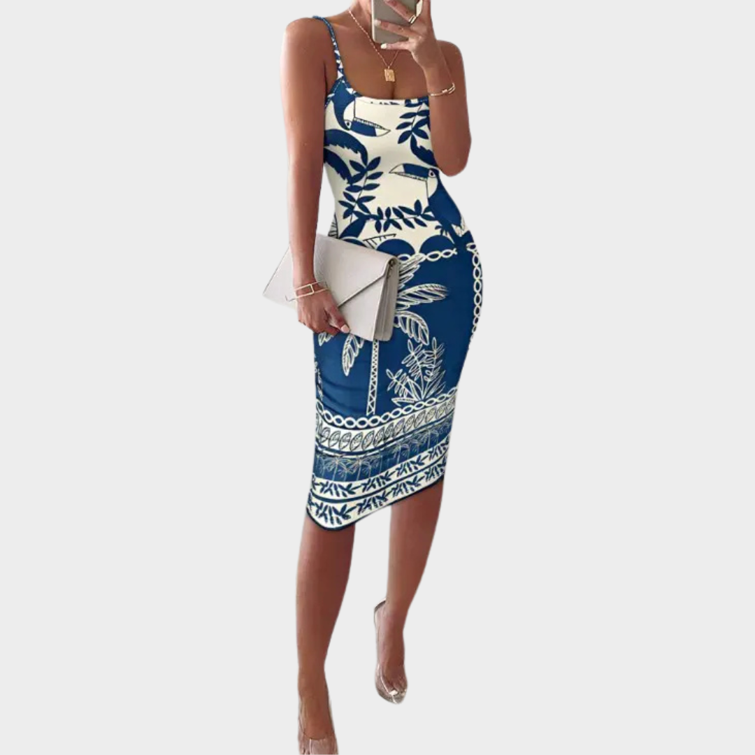 Women's Bodycon Dress – Slim Fit – Backless Midi – Spaghetti Straps – Tropical Animal Print – Elegant & Stylish – Blue