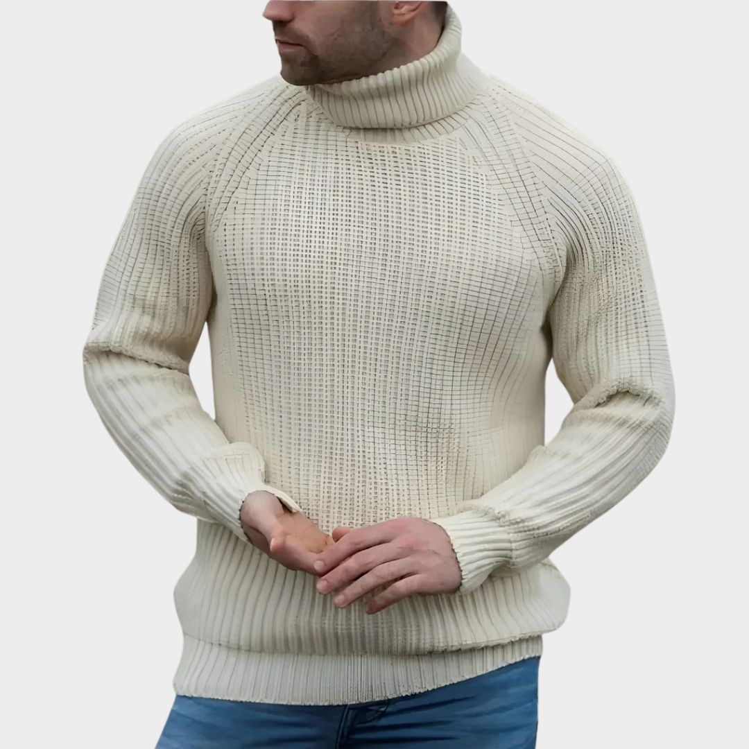 Men Turtleneck Sweater – Thick Knit Pullover with Warm Soft Feel – Solid Retro Inspired Design – Comfortable Loose Fit – Beige