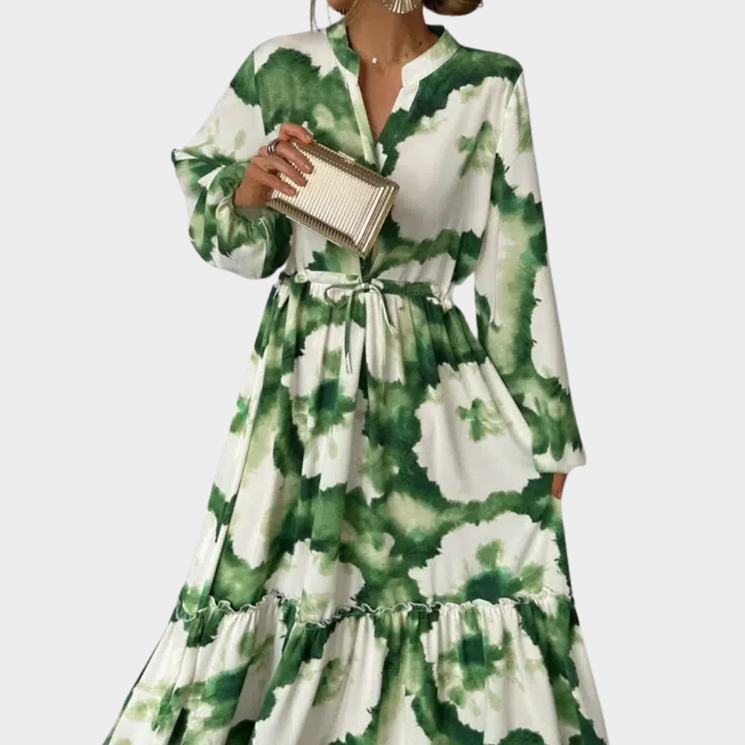 Women’s Boho Maxi Dress – V Neck Long Sleeve A-Line Tie Dye Pleated Fit – Lightweight Tie-Up Waist – Green