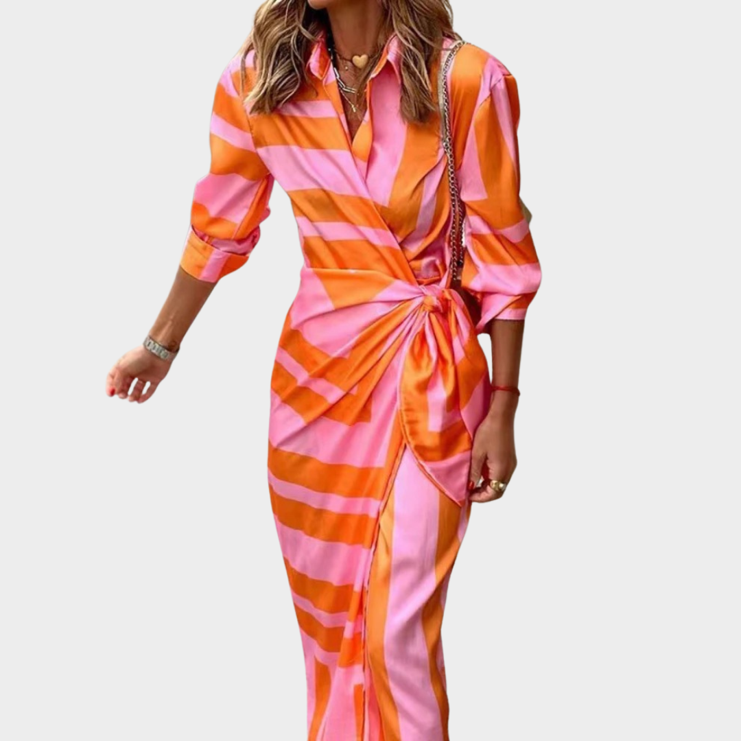 Women's Mid-Length Shirt Dress – Neck Tie Blouse Style with Striped Print – Lightweight Comfortable Fit – Multiple Colours