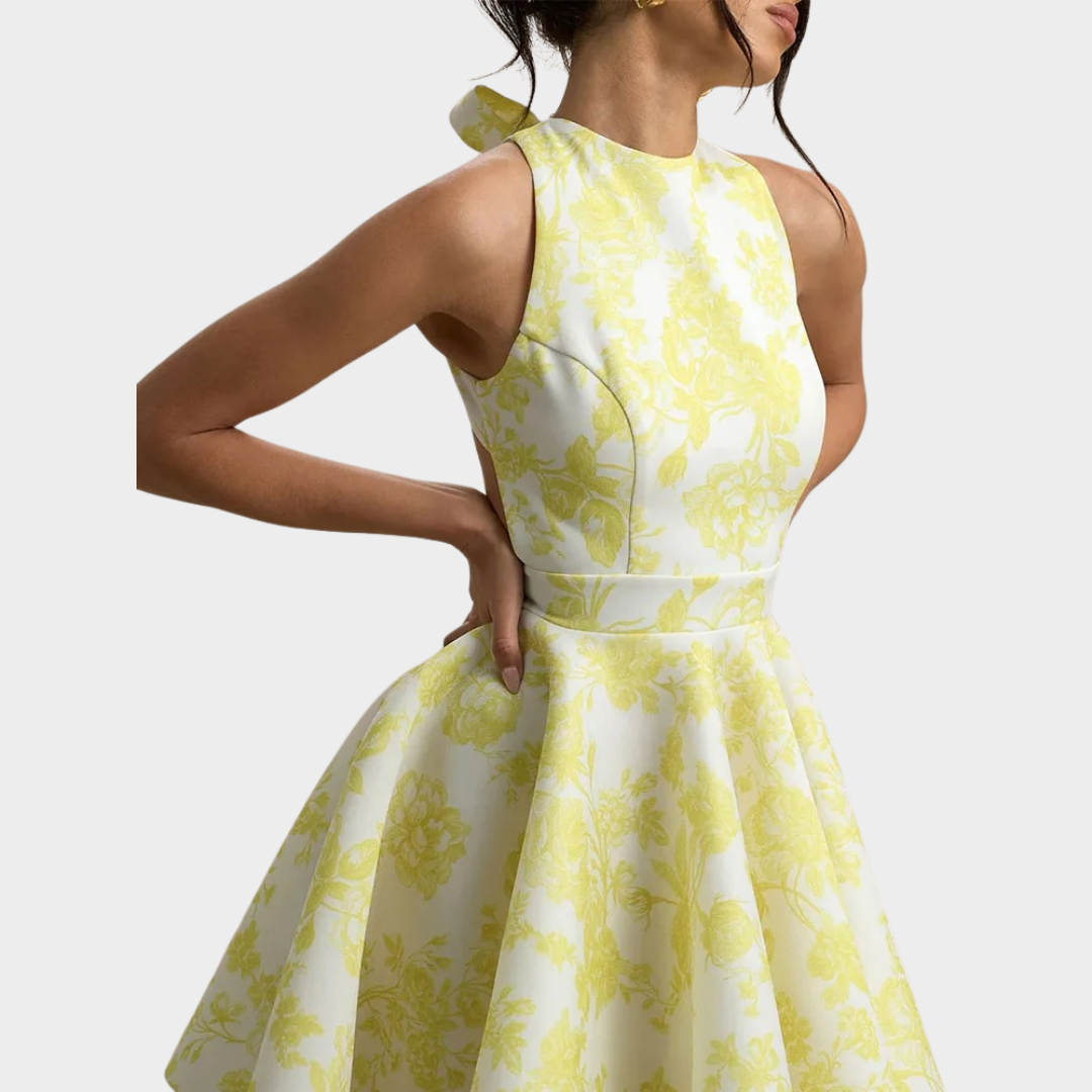 Women’s Mini Dress – A-Line Fit – Sleeveless – Floral Print – Hollow Out Backless Style – Yellow