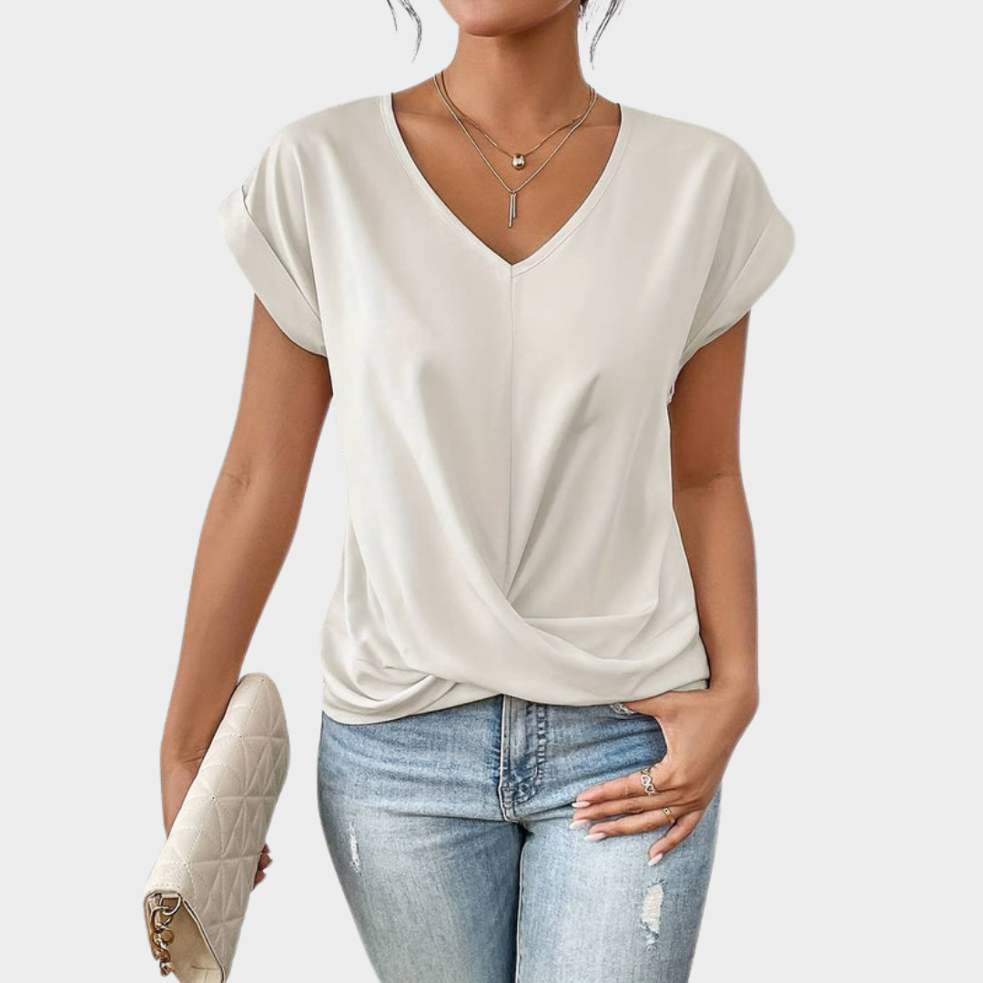 Women's V-Neck T-Shirt – Pleated Hem – Short Sleeve – Casual & Comfy – Soft Fabric – Multiple Colours
