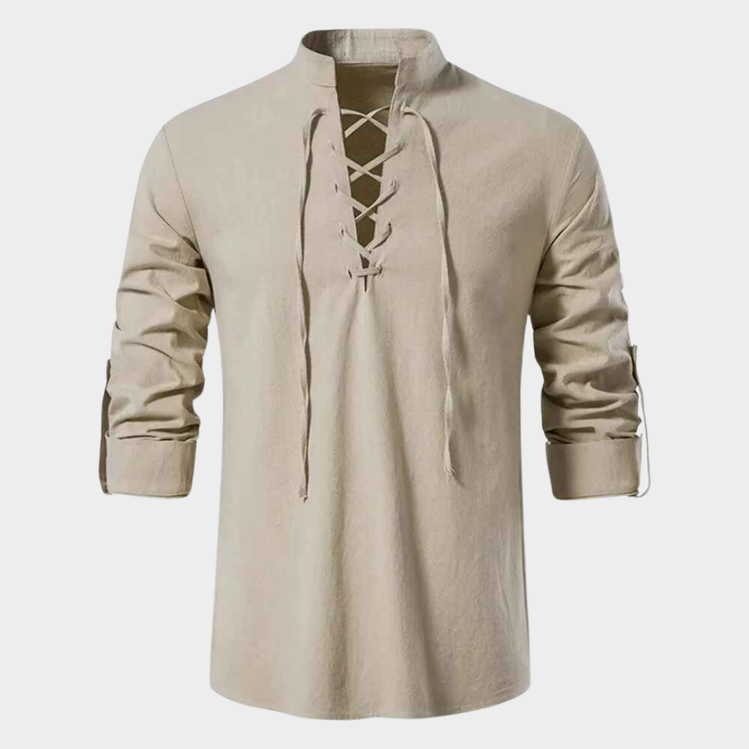 Men's Cotton Linen Shirt - Long Sleeve Casual T-Shirt - Drawstring Neck - Relaxed Fit - Multiple Colours