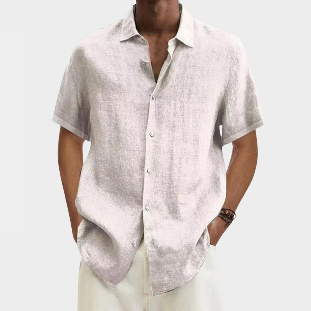 Men's Cotton Linen Blouse - Short Sleeve - Turn-Down Collar - Button-Up - Multiple Colours
