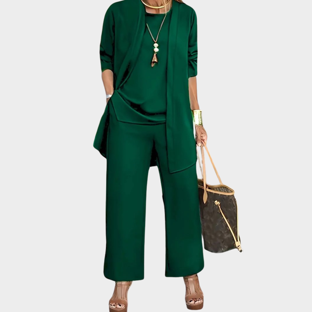 Women Relaxed Fit 3 Piece Pantsuit Set – Long Sleeve Cardigan O Neck Vest Wide Leg Trousers Comfortable Fabric – Multiple Colours