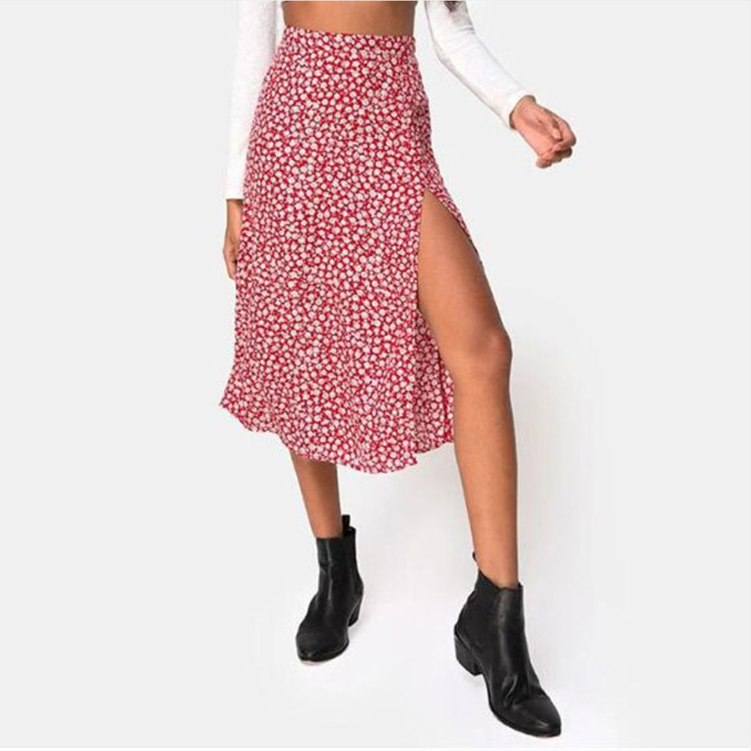Women's High Waist A-Line Skirt - Stretchy Split Long Skirt - Leopard Floral Polka Dot Print - Multiple Colours