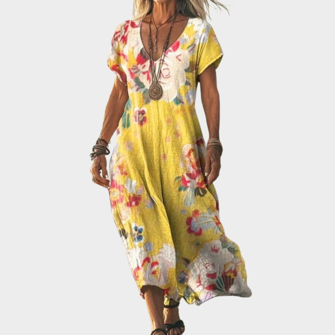 Women's Printed V-Neck Sleeveless Maxi Dress – Ankle Length Retro Shoulder Gown in Polyester – Yellow