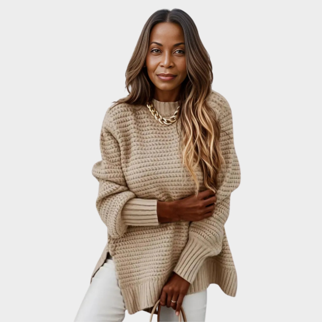 Thick Women’s Knitted Sweater – Half-High Collar, Unique Pattern, Beige, Red, and More