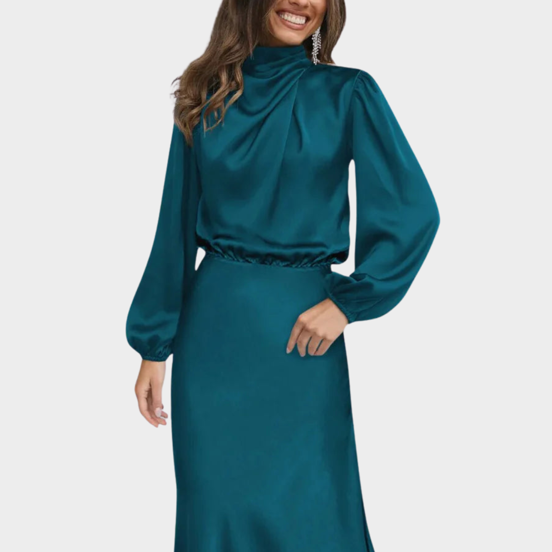 Women's Satin Long Sleeve Dress – Elegant Evening Wear – Lantern Sleeves – Bodycon Fit – Multiple Colours