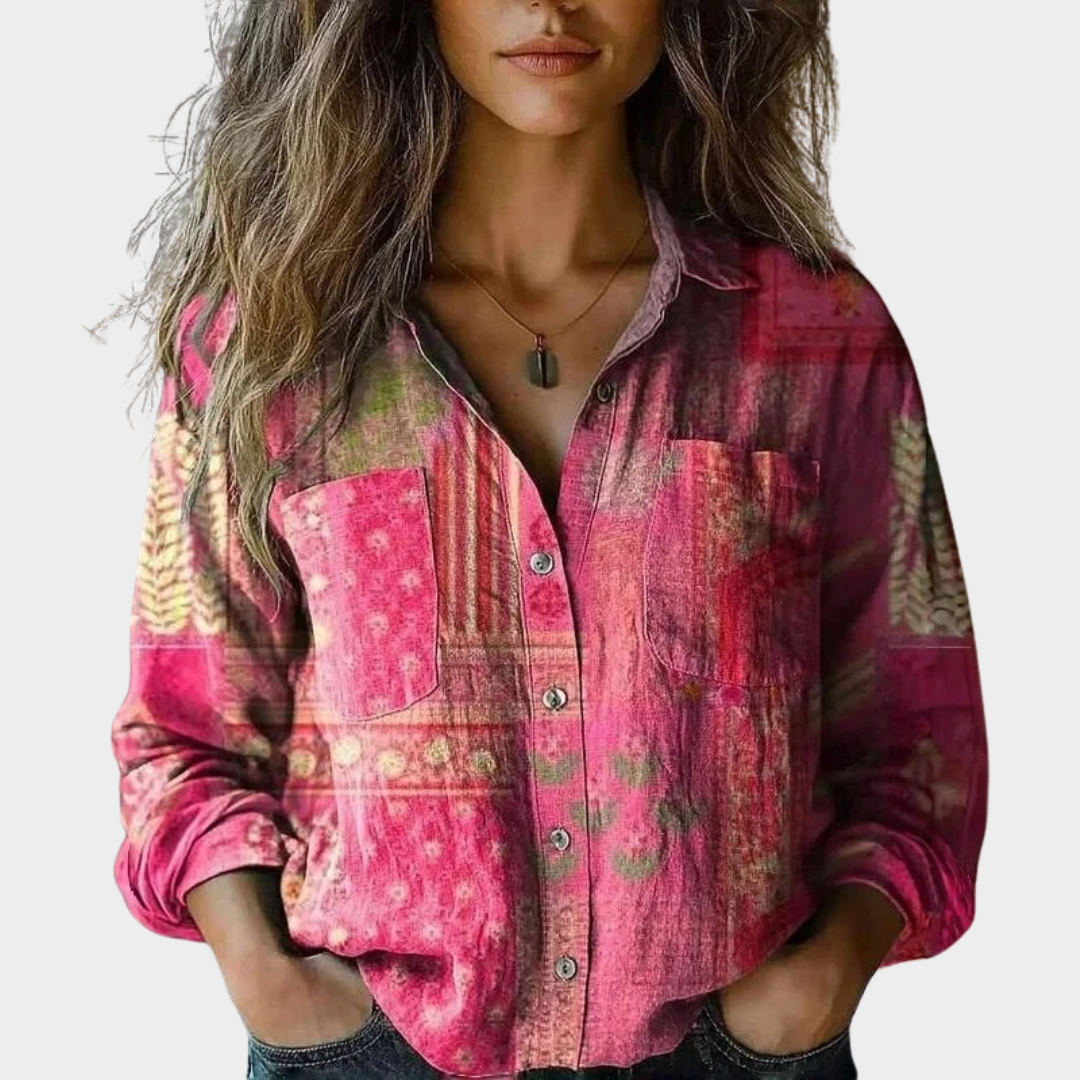Women’s Ethnic Print Long Sleeve Shirt – Button-Up Cotton Top – Relaxed Fit Full Sleeve Casual Blouse with Pattern Detail – Pink