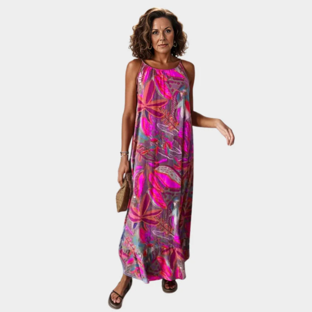 Women's Sleeveless Maxi Dress – Bohemian Floral Print Summer Beach Dress (Light Purple, Yellow, Pink, and More)