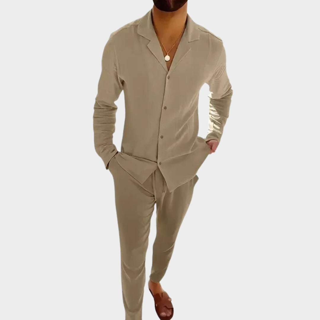 Men’s Two-Piece Tracksuit Set – Slim Fit Long Sleeve Shirt with Drawstring Trousers – Solid Colour Style – Soft Breathable Fabric – Multiple Colours
