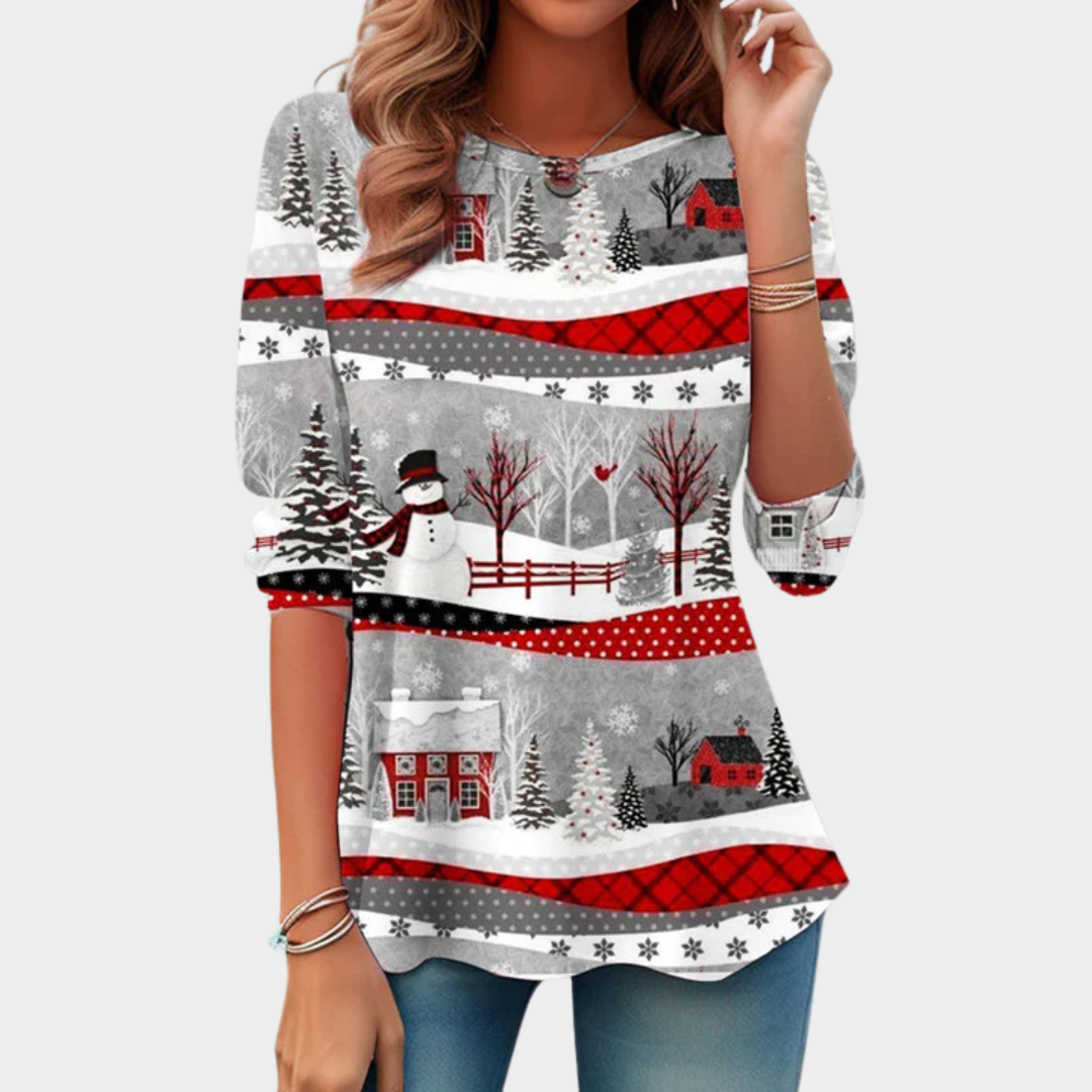 Women’s Christmas Print T-Shirt – Long Sleeve Round Neck Casual Fit – Snowman Holiday Design – Cotton-Polyester Blend – Multicolour