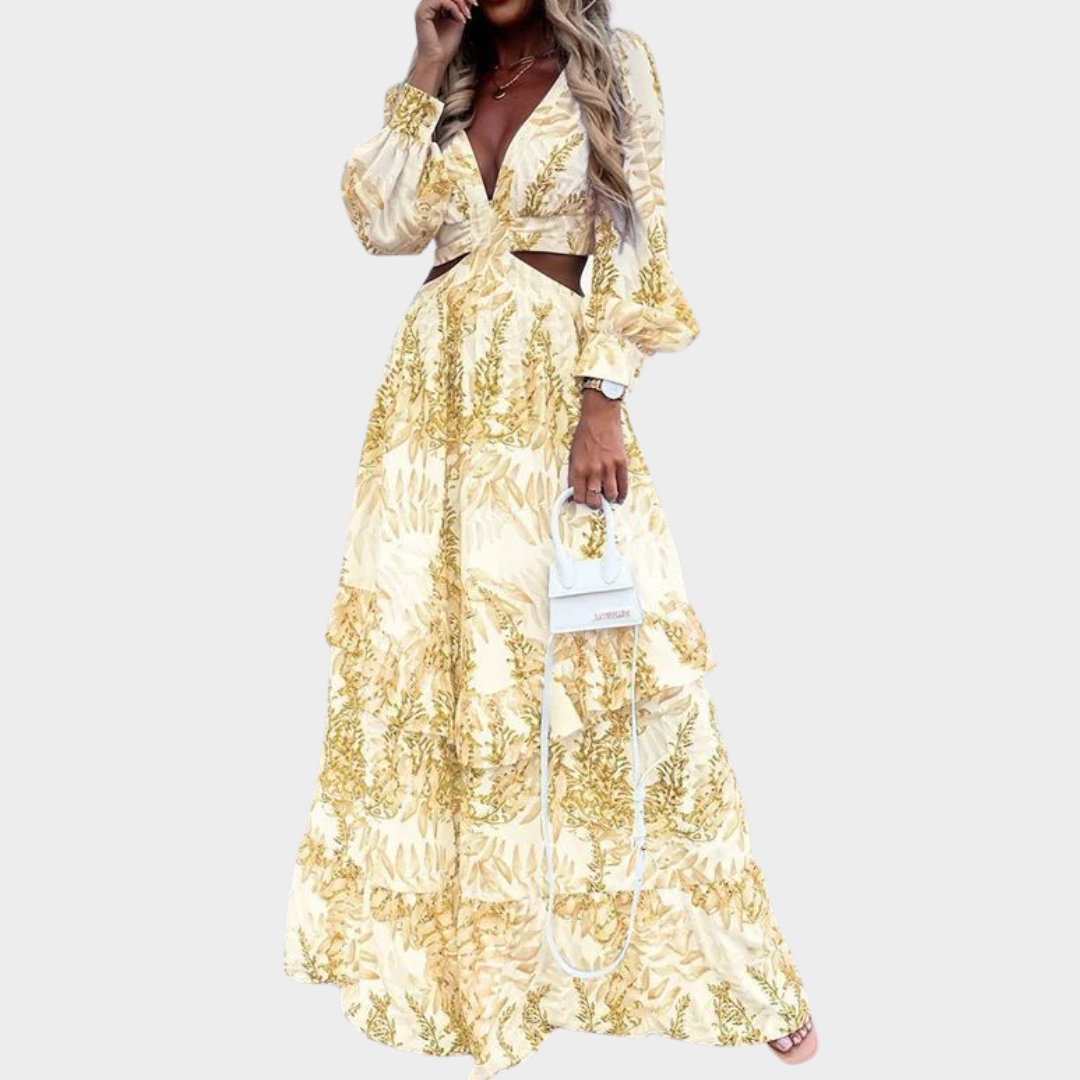Women's Long Sleeve Maxi Dress – Elegant Deep V-Neck – Hollow Out Ruffle Design – Fashion Print – Multiple Colours