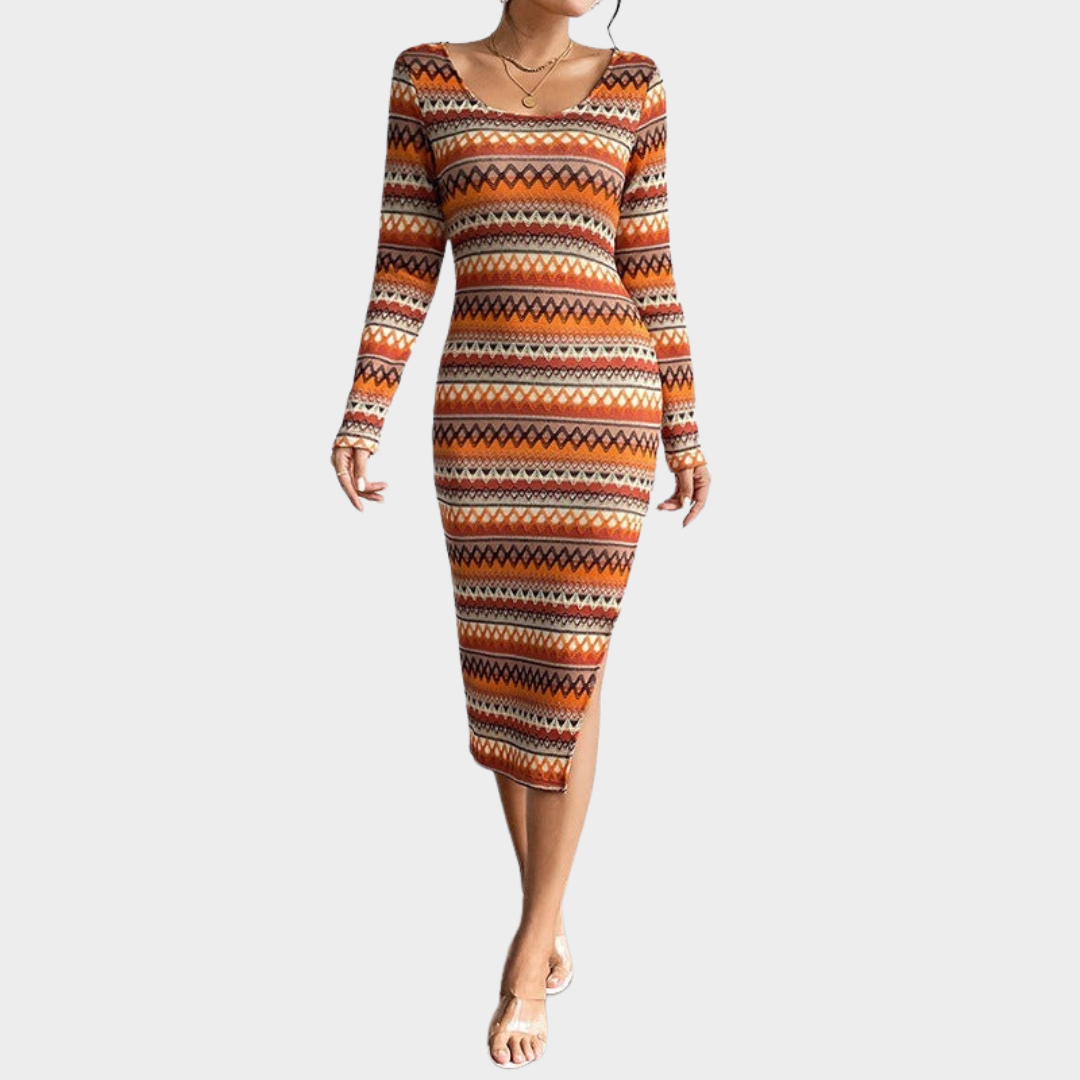 Women's Striped Sweater Maxi Dress – Long Sleeve Slim Bodycon Party and Evening Style – Multicolour