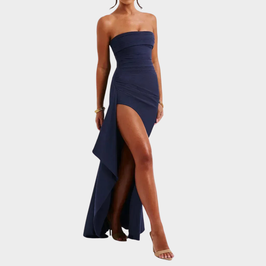 Women’s Strapless Maxi Dress – Off-Shoulder Sleeveless Fit – High Split Hem – Elegant Bodycon Style – Multiple Colours