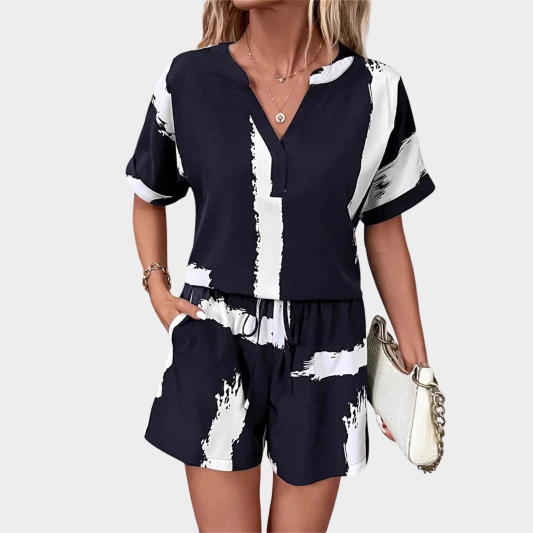 Women's Two-Piece Short Set – V-Neck Relaxed Fit Top and Mid-Thigh Shorts – Navy Blue