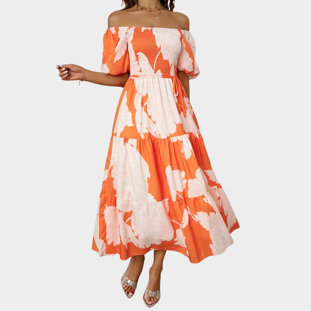 Women Backless Maxi Dress – Floral Print Slash Neck Puff Sleeve Fit – Multiple Colours