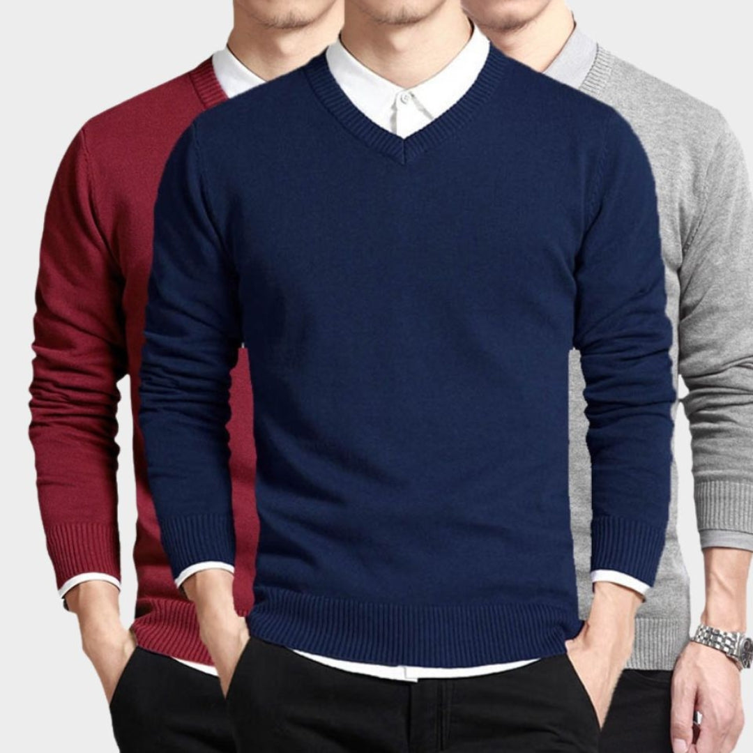 Men's V-Neck Cotton Sweater – Long Sleeve Loose Fit Knitwear, Korean Style, Black/Blue/White/and More