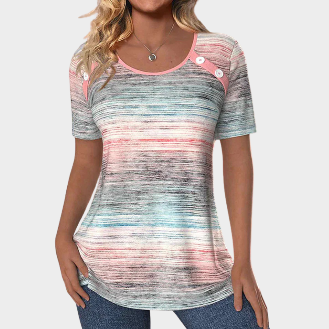 Women’s Slim Fit T-Shirt – Short Sleeve Crew Neck Patchwork Colour Print – Regular Fit Polyester Fibre Top – Multicolour