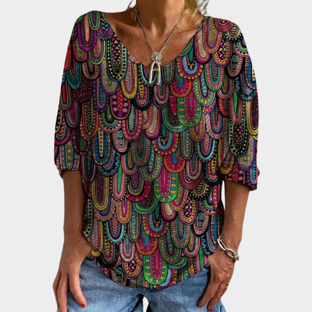 Vintage V-Neck T-Shirt – Women’s Ethnic Print Tee – Soft Cotton Blend – Multiple Colours