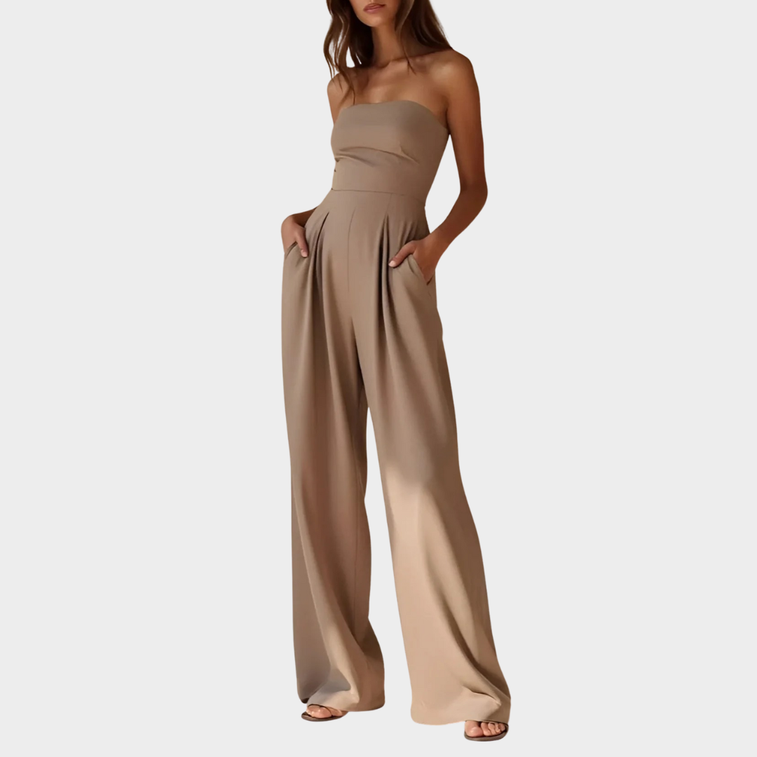 Women’s Strapless Jumpsuit – Elegant Wide Leg One-Piece with Off Shoulder Fit and Waist Cinching Design – Multiple Colours