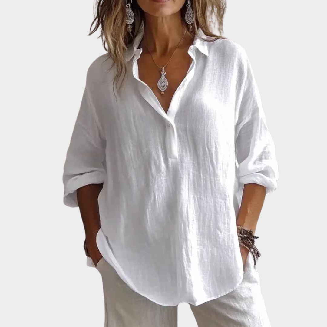 Women Loose Blouse – Cotton Linen Shirt with Lace-Up Collar – Multiple Colours