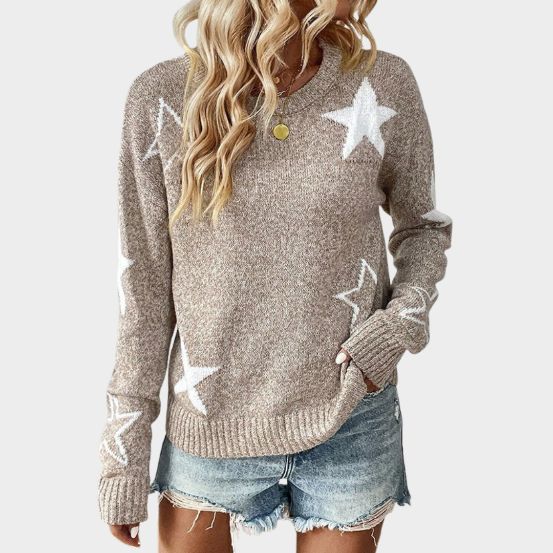 Women Knitted Sweater – Round Neck Long Sleeve Pullover with Five Pointed Star Pattern and Comfortable Loose Fit Design – Elegant Casual Knitwear – Khaki