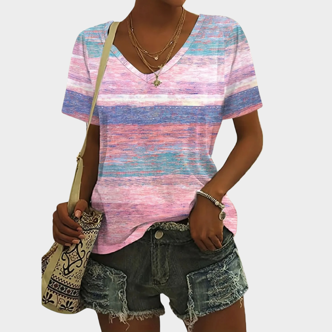 Women’s Ethnic Graphic V-Neck T-Shirt – Short Sleeve Printed Tee – Regular Fit Casual Daily Wear – Soft Cotton-Polyester Blend – Multiple Colours