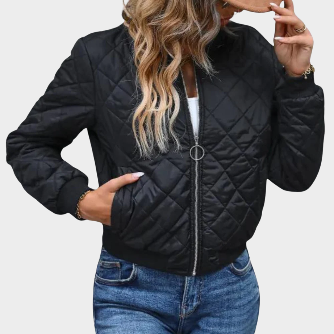 Women’s Quilted Bomber Jacket – Fitted Waist Zip Front with Ribbed Trim – Casual Outerwear – Black