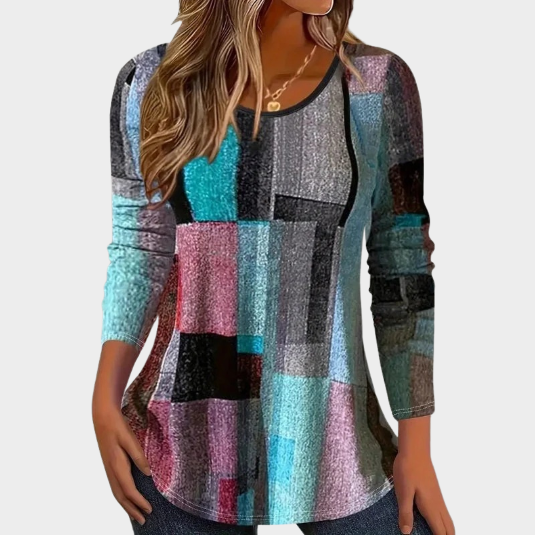 Women's Vintage Colour Block T-Shirt – Long Sleeve Round Neck Cotton Polyester Top – Multicolour