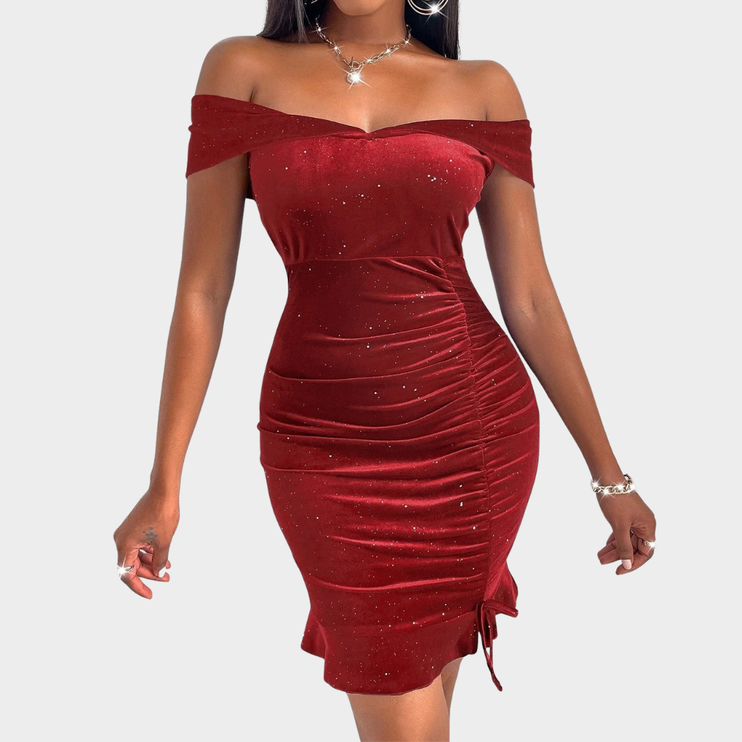 Women Off Shoulder Mini Dress – Sleeveless – Shiny Finish – Bodycon Fit – Formal Evening Cocktail Wear – Multiple Colours