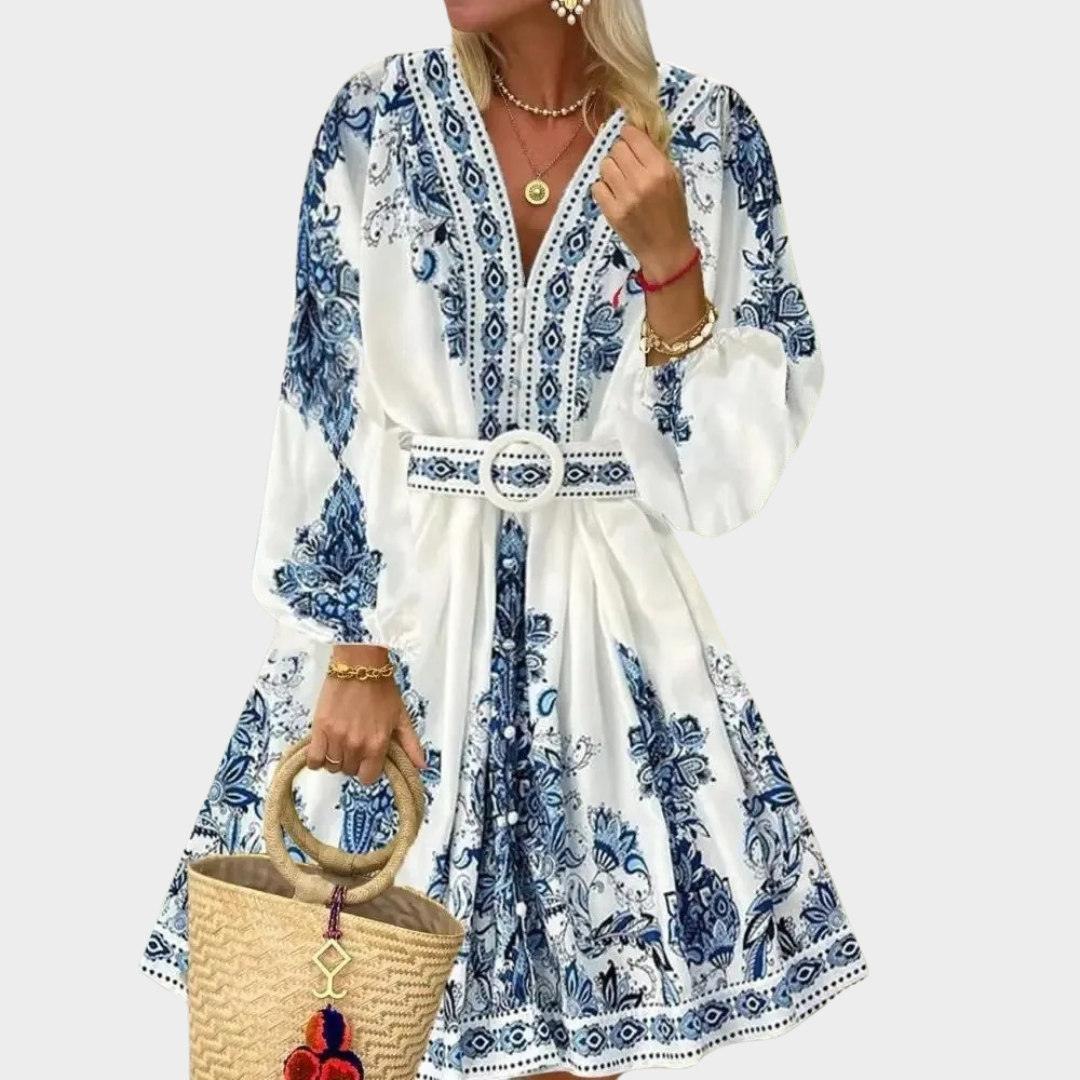 Women V-Neck Mid-Length Dress – Printed Long Lantern Sleeves with Belted Fit – Button-Up Design – Lightweight Polyester – Blue