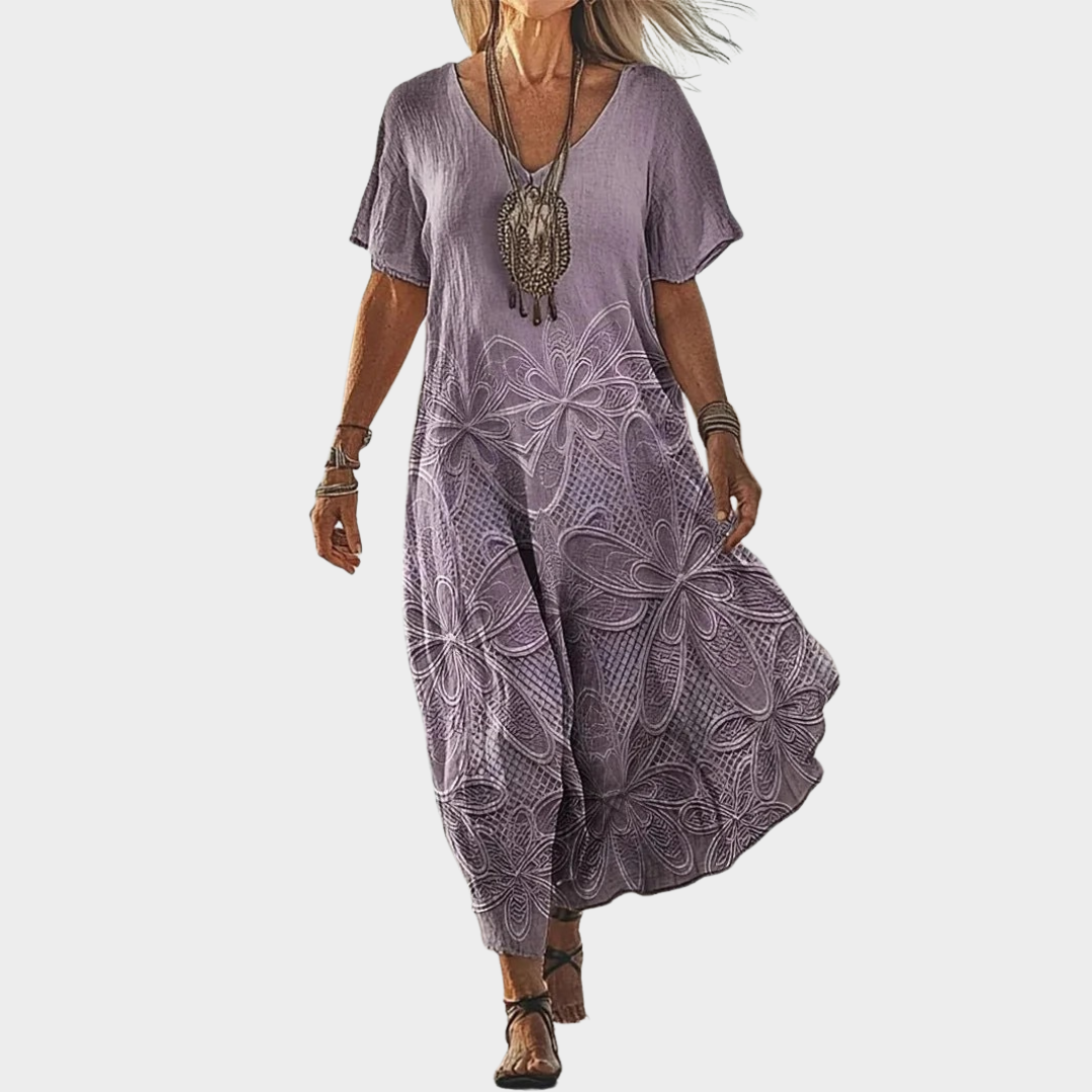 Women Printed Maxi Dress – Loose Fit V-Neck Short Sleeve Ankle Skimming Lightweight Polyester – Purple